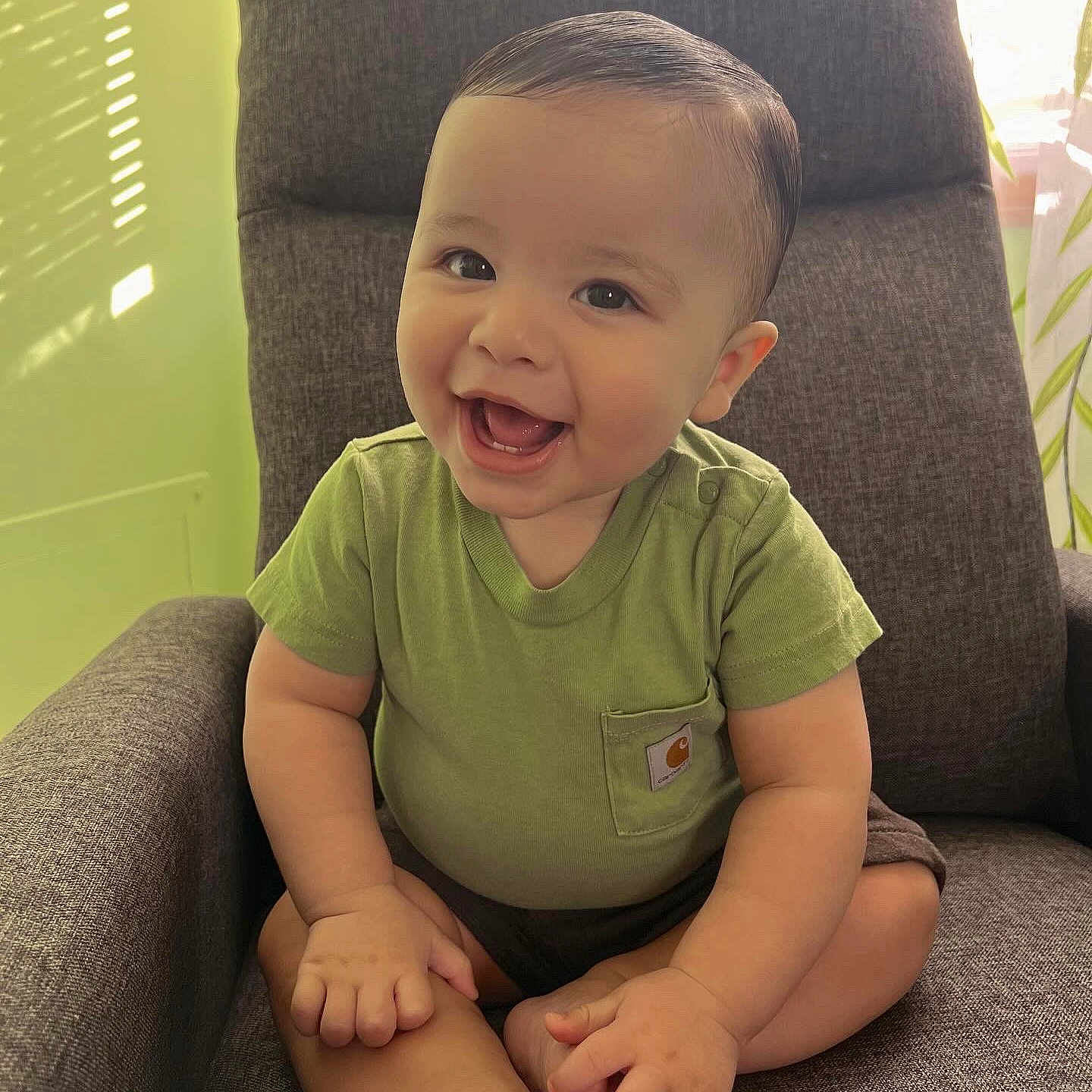 Jace is registered to the contest to win money with this photo: baby, babylaughing, clothing, face, happy, head, laughing, person, photography, portrait, sitting, sleeve, smile