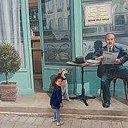 Norsine a rejoint le concours — aidez-le/la à gagner de superbes lots ! child, girl, mural, street_art, dog, painting, outdoor, pavement, tree, table, man, newspaper, hat, window, door, curtain, building, smile, blue_dress, shoes