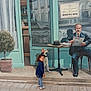 child, girl, mural, street_art, dog, painting, outdoor, pavement, tree, table, man, newspaper, hat, window, door, curtain, building, smile, blue_dress, shoes