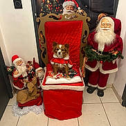 Vivky participe au concours pour gagner de l'argent avec cette photo : dog, christmas, holiday, santa_claus, red, decorations, throne, indoor, festive, reindeer, tile_floor, small_dog, costume, plush, figurines, white_beard, chair, celebration, festivity, seasonal