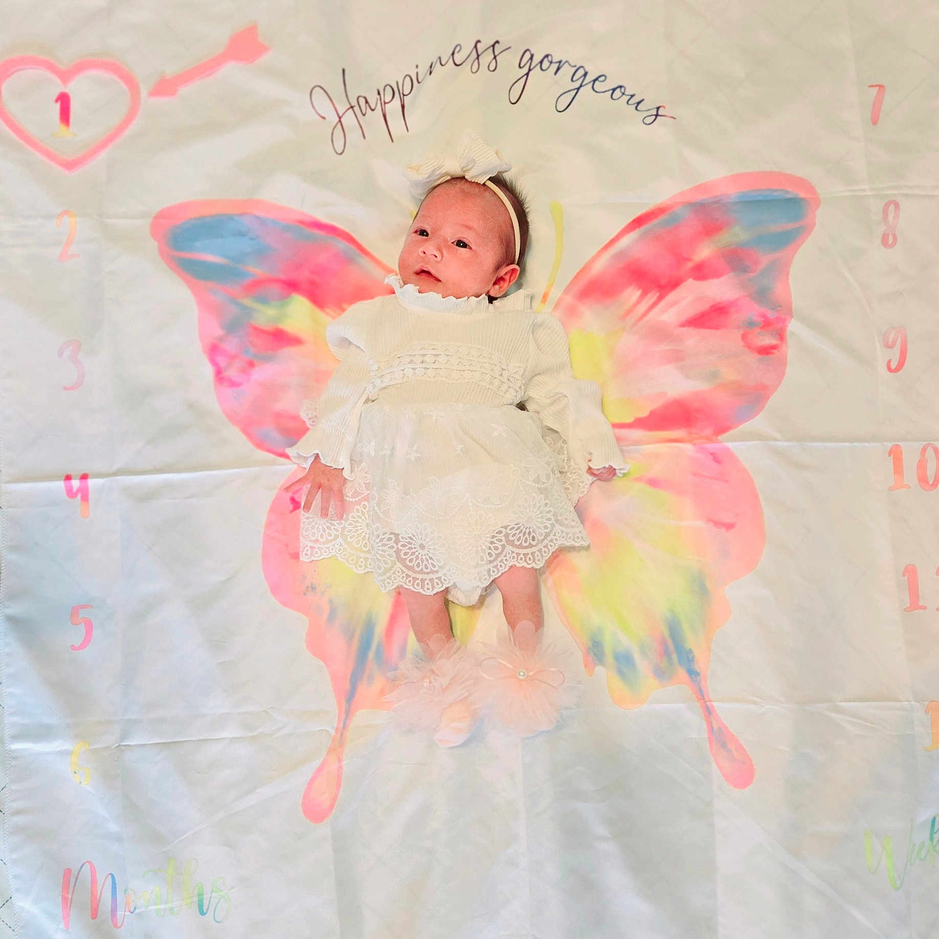 Yahra is registered to the contest to win money with this photo: baby, bed, blanket, bodypart, bonnet, clothing, dress, face, finger, furniture, hand, hat, head, newborn, pattern, person, photography, portrait, purple, text