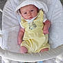 Sadie-Mae joined the competition — help win amazing prizes! baby, infant, child, yellow_romper, white_bonnet, baby_rocker, cushion, animal_prints, floor_tiles, baby_socks, indoor, portrait, cute, gaze, comfort, newborn, small_hands, soft_fabric, resting, baby_clothing
