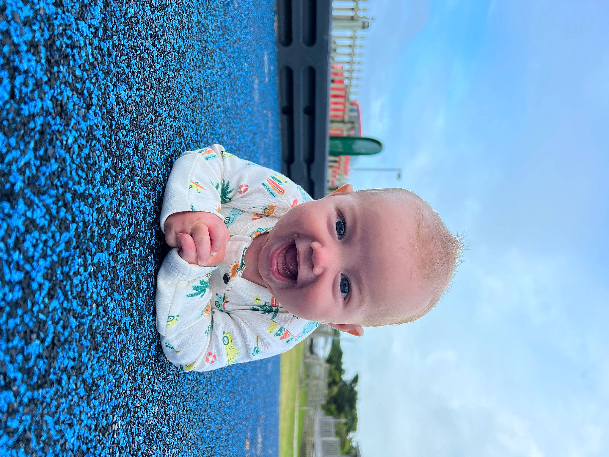 Rhett joined the competition — help win amazing prizes! azure, baby, baby_toddler_clothing, blue, child, cloud, electric_blue, fun, grass, happy, hat, joy, leisure, pattern, people_in_nature, person, sky, smile, standing, toddler