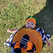 Lincoln joined the competition — help win amazing prizes! baby, pumpkin, costume, orange, grass, blanket, outdoor, cute, child, footwear, headwear, playful, fall, autumn, holiday, festive, smiling, person, lying_down, seasonal