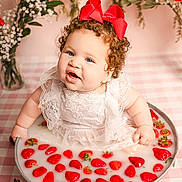 Mila joined the competition — help win amazing prizes! baby, child, curly_hair, red_bow, white_dress, metal_tub, milky_water, strawberries, pink_checkered_tablecloth, flowers, floral_arrangement, vintage_style, portrait, smiling, cute, indoor, decor, happy, sitting, closeup