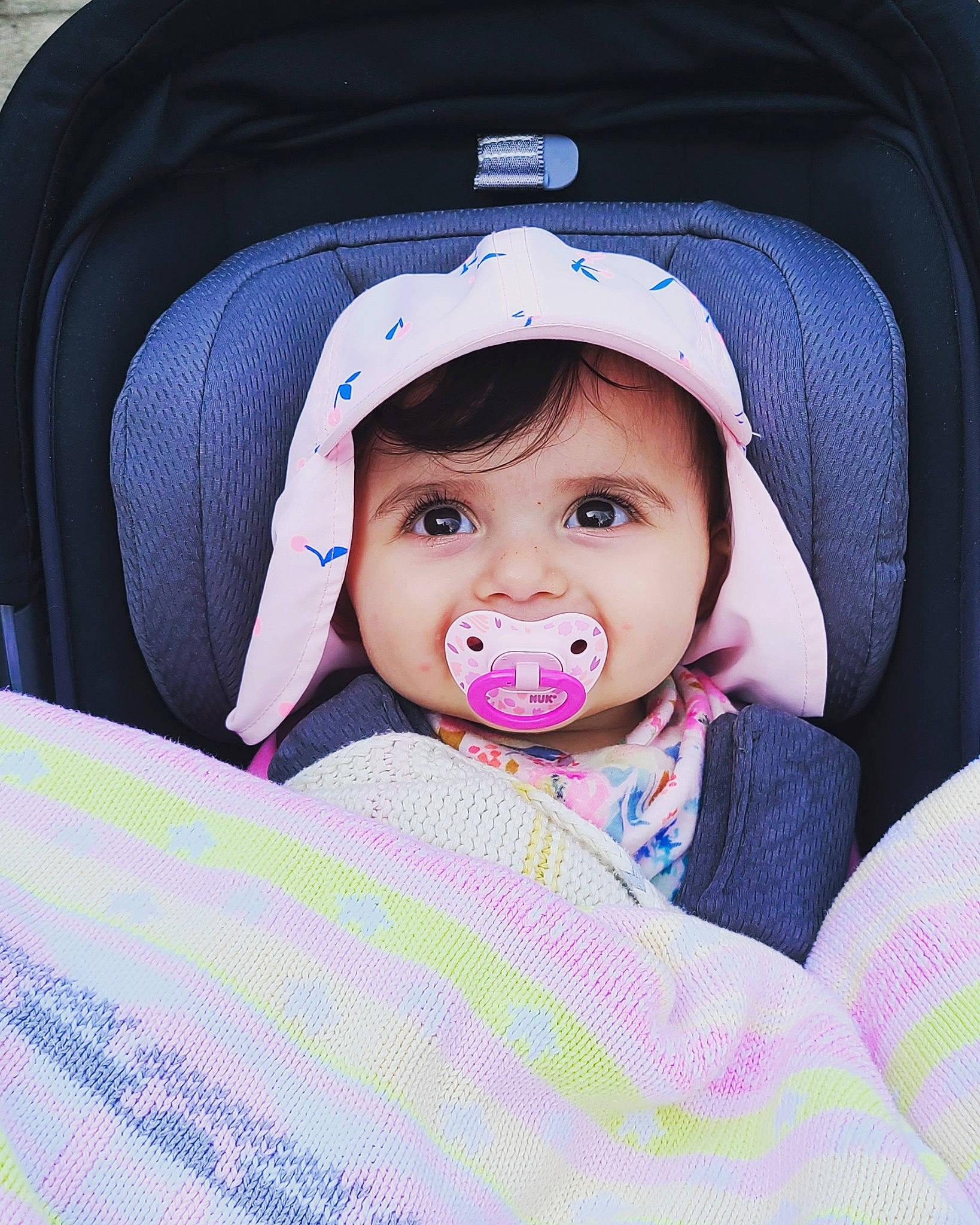Aisha joined the competition — help win amazing prizes! baby, baby_carriage, baby_in_car_seat, baby_products, baby_safety, baby_sleeping, baby_toddler_clothing, beauty, car_seat, cheek, child, comfort, electric_blue, fun, pattern, person, product, purple, sitting, sleeve