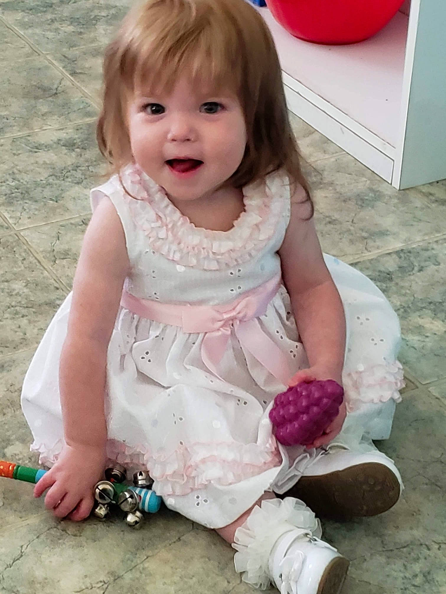 Kendalyn joined the competition — help win amazing prizes! baby, baby_toddler_clothing, cheek, child, child_model, dress, person, pink, play, sitting, skin, smile, textile, toddler