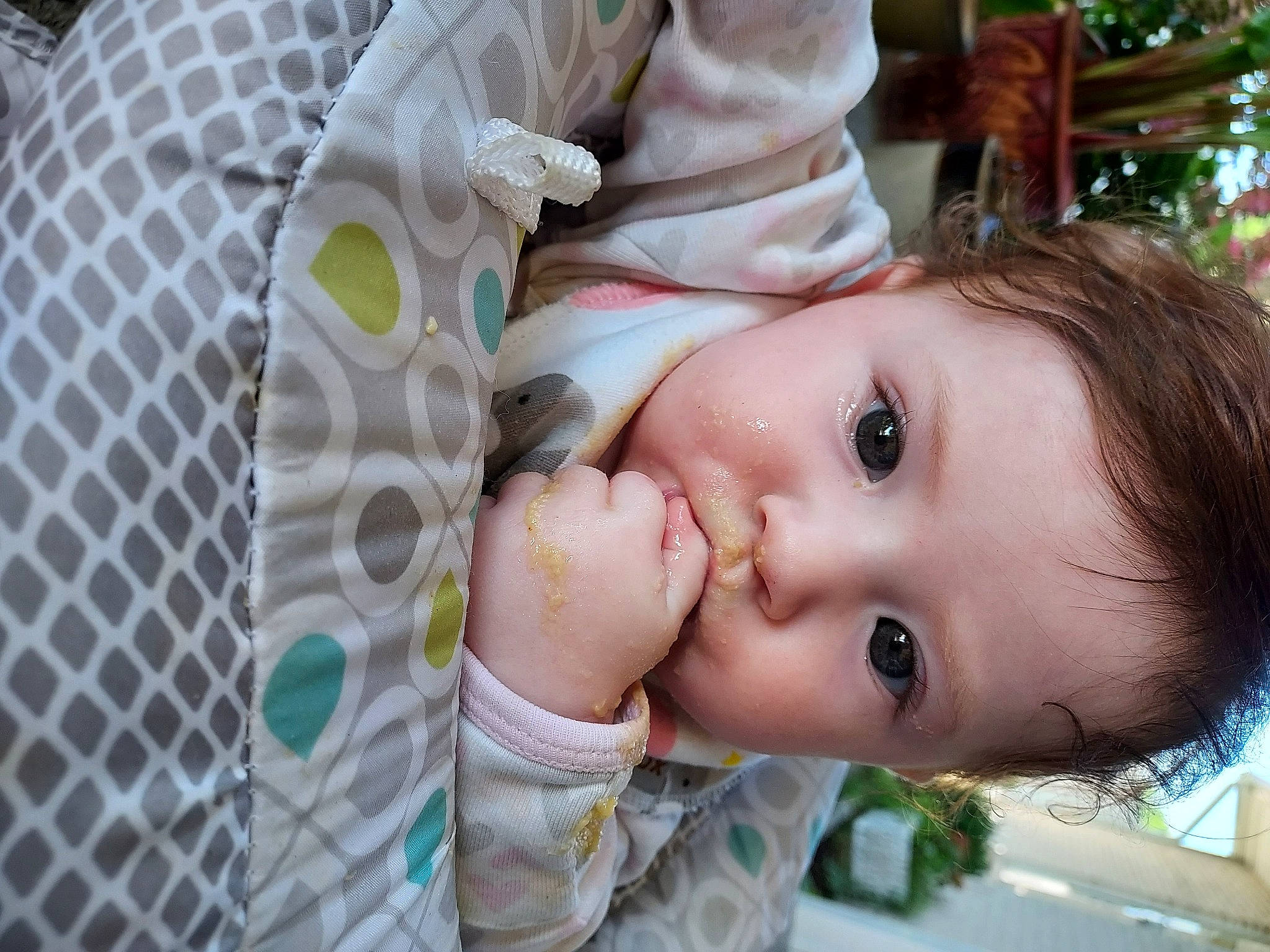 Sierra is registered to the contest to win money with this photo: baby, baby_products, baby_toddler_clothing, brown_hair, cheek, child, eyelash, grass, happy, iris, linens, lip, nose, pattern, person, plant, portrait_photography, skin, smile, toddler