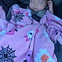 baby, blanket, car_seat, child, clothing, cozy, cute, cute_baby, fabric, ghost, headband, infant, outdoor, pink, resting, safety, sleeping, spider_web, toddler, wrapped