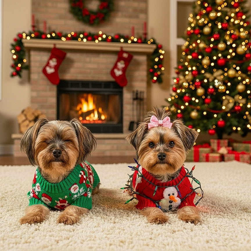 Winston And Luna is registered to the contest to win money with this photo: bow, carpet, celebration, christmas_sweater, christmas_tree, cozy, cute, decorations, dog, festive, fireplace, green_sweater, holiday, holiday_lights, indoors, pet, presents, red_sweater, small_dog, winter