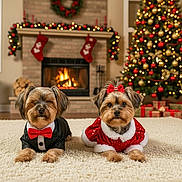 Winston And Luna joined the competition — help win amazing prizes! dog, pet, christmas_tree, fireplace, holiday, festive, carpet, decorations, gift_boxes, bow_tie, red_bow, christmas_outfit, living_room, warm_lighting, cute, small_dog, fur, indoors, celebration, cozy