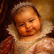 Zoey is registered to the contest to win money with this photo: baby, infant, child, crown, tiara, pearl_necklace, lace_collar, royal_clothing, portrait, smile, chubby_cheeks, jewelry, vintage, ornate, regal, close_up, studio_lighting, fabric, headwear, background