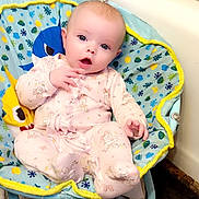 Stefanie Lynn joined the competition — help win amazing prizes! baby, baby_chair, bathroom, bathtub, child, colorful, comfort, curious, cute, floor, indoor, infant, pajamas, patterned, person, plush, seated, soft, towel, young_child