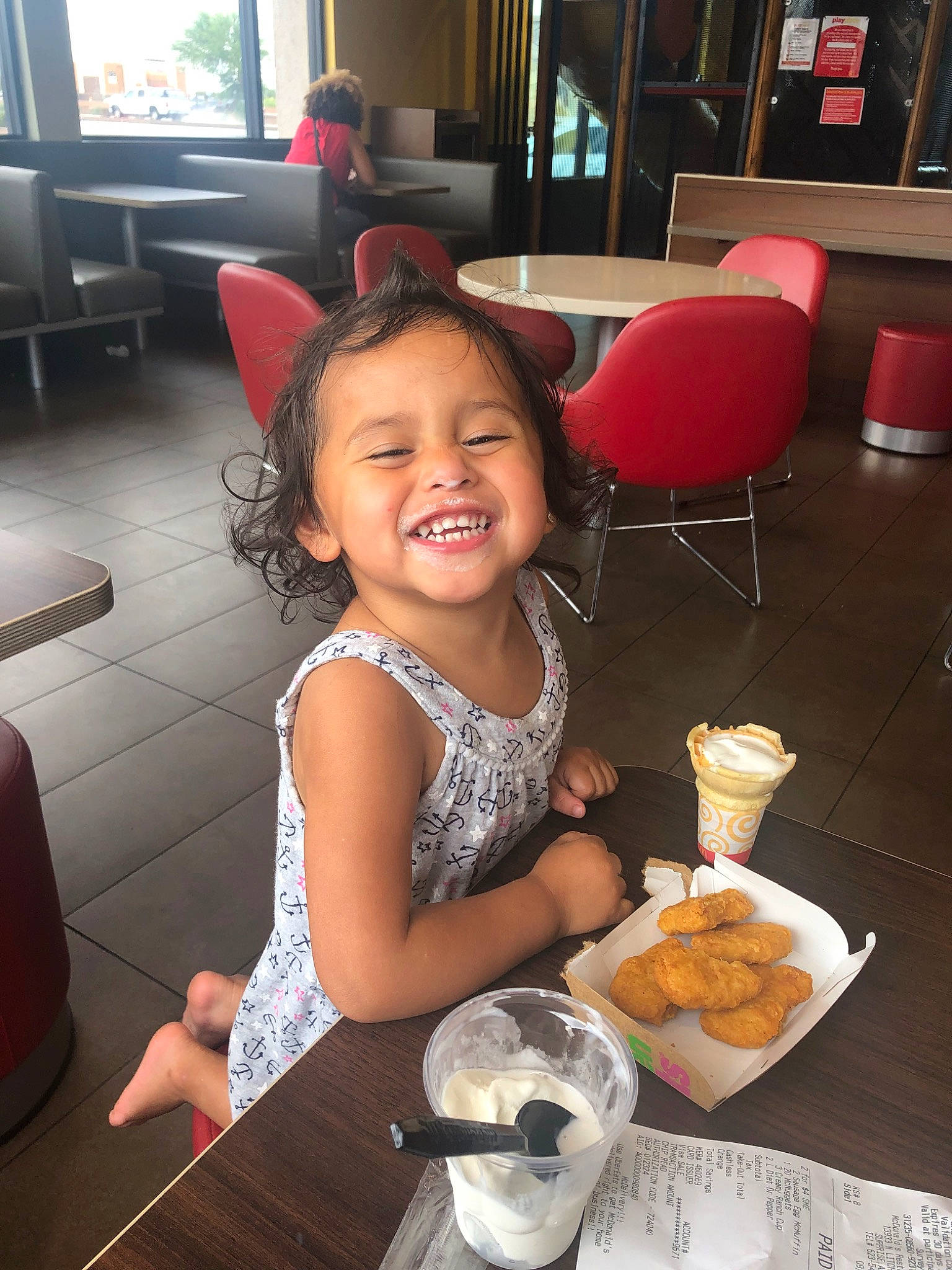 Emilee is registered to the contest to win money with this photo: breakfast, brunch, child, comfort_food, cuisine, dish, eating, fast_food, food, ice_cream, joy, lunch, meal, person, restaurant, smile, toddler, vacation