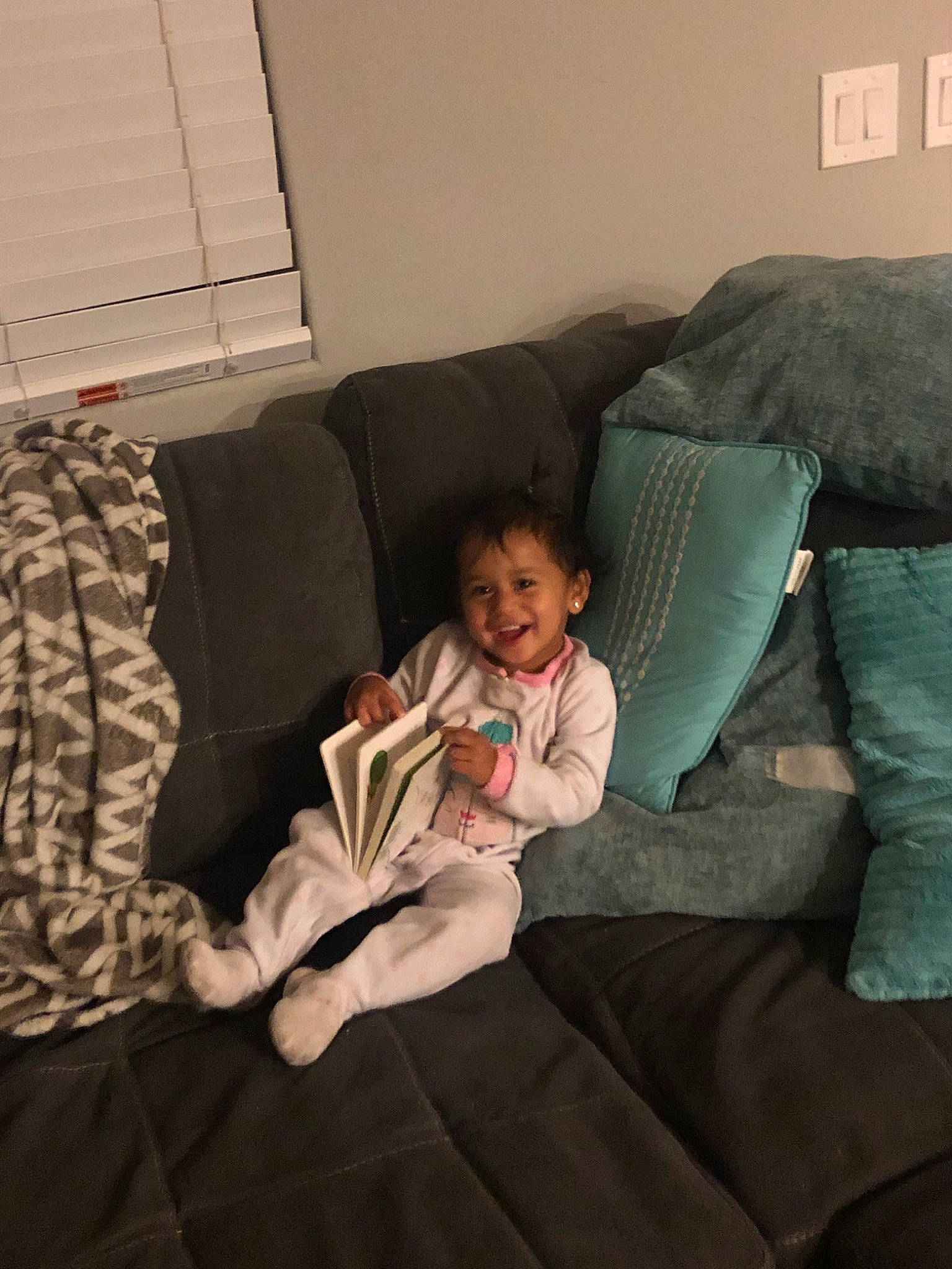 Emilee joined the competition — help win amazing prizes! bedtime, child, comfort, couch, fun, furniture, joy, person, recliner, room, sitting, toddler