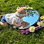 baby, child, reflection, mirror, grass, flowers, headband, outdoor, sunlight, white_blouse, purple_flowers, white_flowers, nature, portrait, curious, crawling, grass_field, closeup, baby_girl, spring