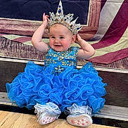 Brinley is registered to the contest to win money with this photo: baby, child, crown, blue_dress, frilly_dress, silver_shoes, floor, playful, smiling, portrait, indoor, cute, young_child, seated, jewelry, sparkle, happy, person, fashion, headwear
