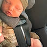 newborn, baby, sleeping, car_seat, harness, infant, portrait, knit_hat, clothing, socks, mittens, vehicle, car_interior, seated, peaceful, resting, face, closed_eyes, cozy, photography