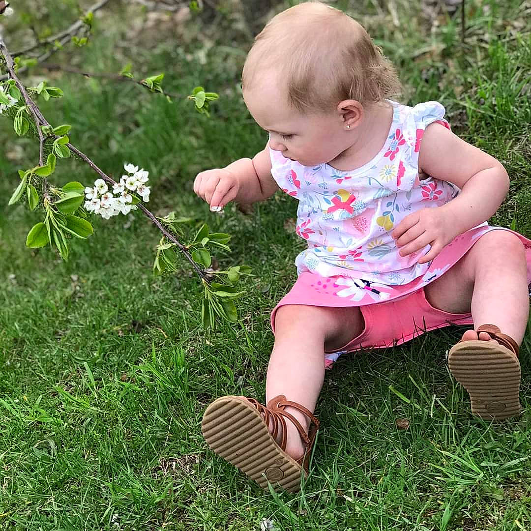 Kazliana is registered to the contest to win money with this photo: baby, botany, child, finger, flower, footwear, grass, grass_family, leaf, leg, meadow, people_in_nature, person, pink, plant, play, sitting, spring, summer, toddler