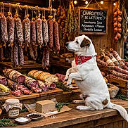 Lucky participe au concours pour gagner de l'argent avec cette photo : dog, white_dog, bandana, sausage, charcuterie, market_stall, rustic, wooden_counter, bread, cured_meat, food_display, gourmet, artisan, condiments, hanging_sausages, garlic, basket, pepper, rosemary, warm_lighting