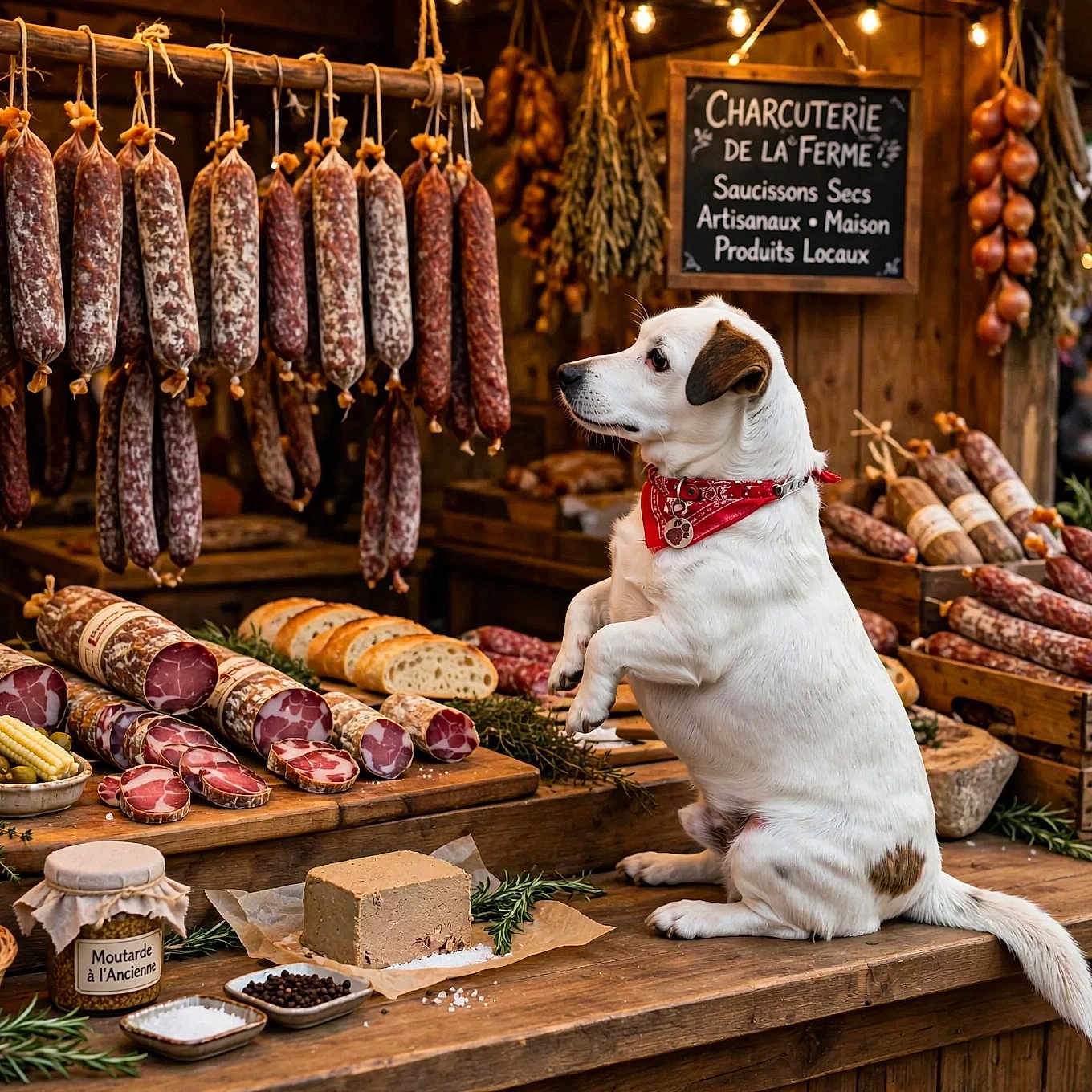 Lucky participe au concours pour gagner de l'argent avec cette photo : dog, white_dog, bandana, sausage, charcuterie, market_stall, rustic, wooden_counter, bread, cured_meat, food_display, gourmet, artisan, condiments, hanging_sausages, garlic, basket, pepper, rosemary, warm_lighting