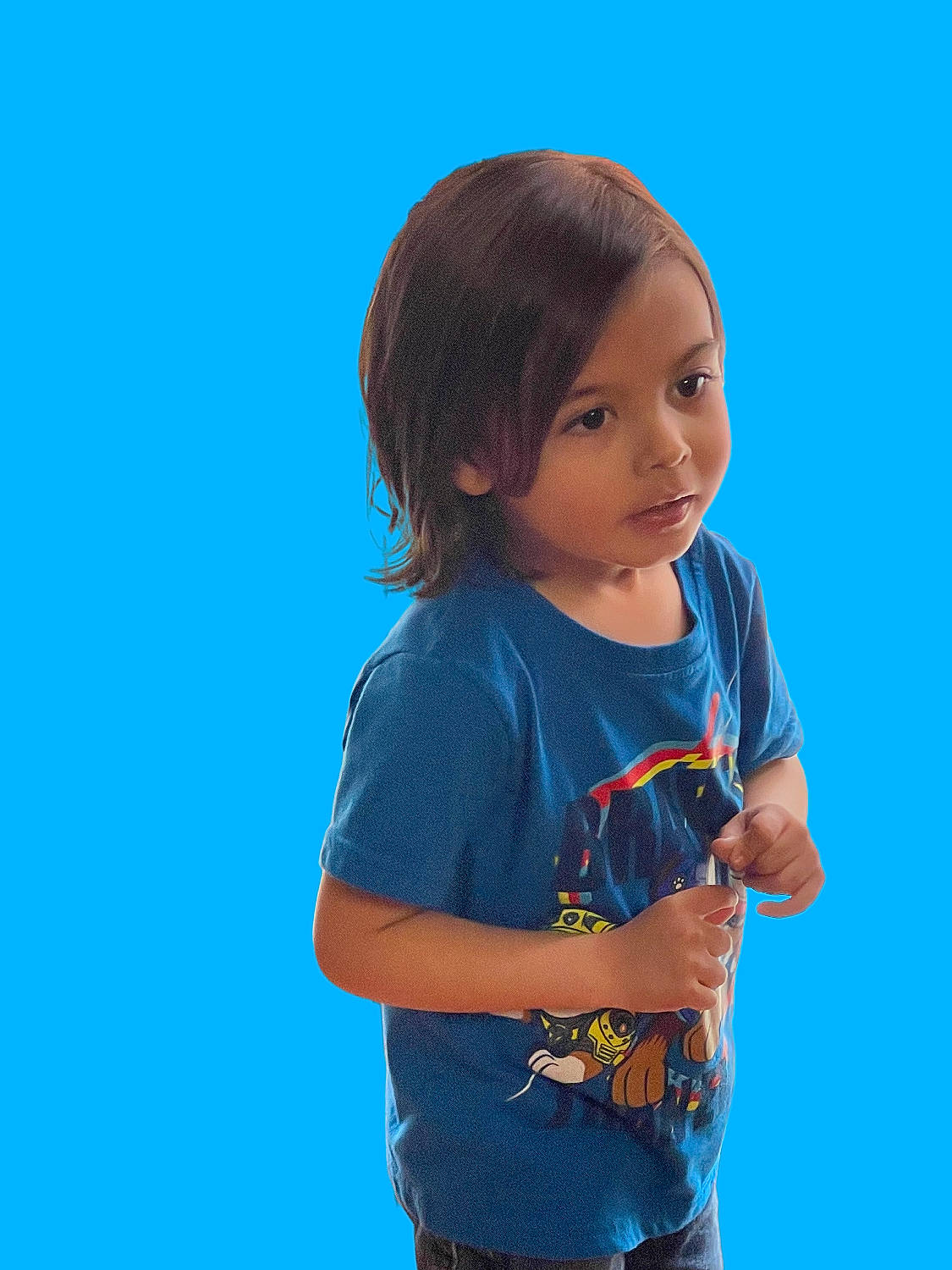 Nicholas is registered to the contest to win money with this photo: arm, azure, baby_toddler_clothing, blue, cheek, child, elbow, electric_blue, face, flash_photography, gesture, happy, magenta, neck, nose, person, play, shoulder, sleeve, t_shirt