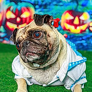 Marley joined the competition — help win amazing prizes! pug, dog, pet, costume, dress, grass, halloween, jack_o_lantern, pumpkin, orange, green, blue, cute, animal, portrait, festive, background, close_up, colorful, indoor
