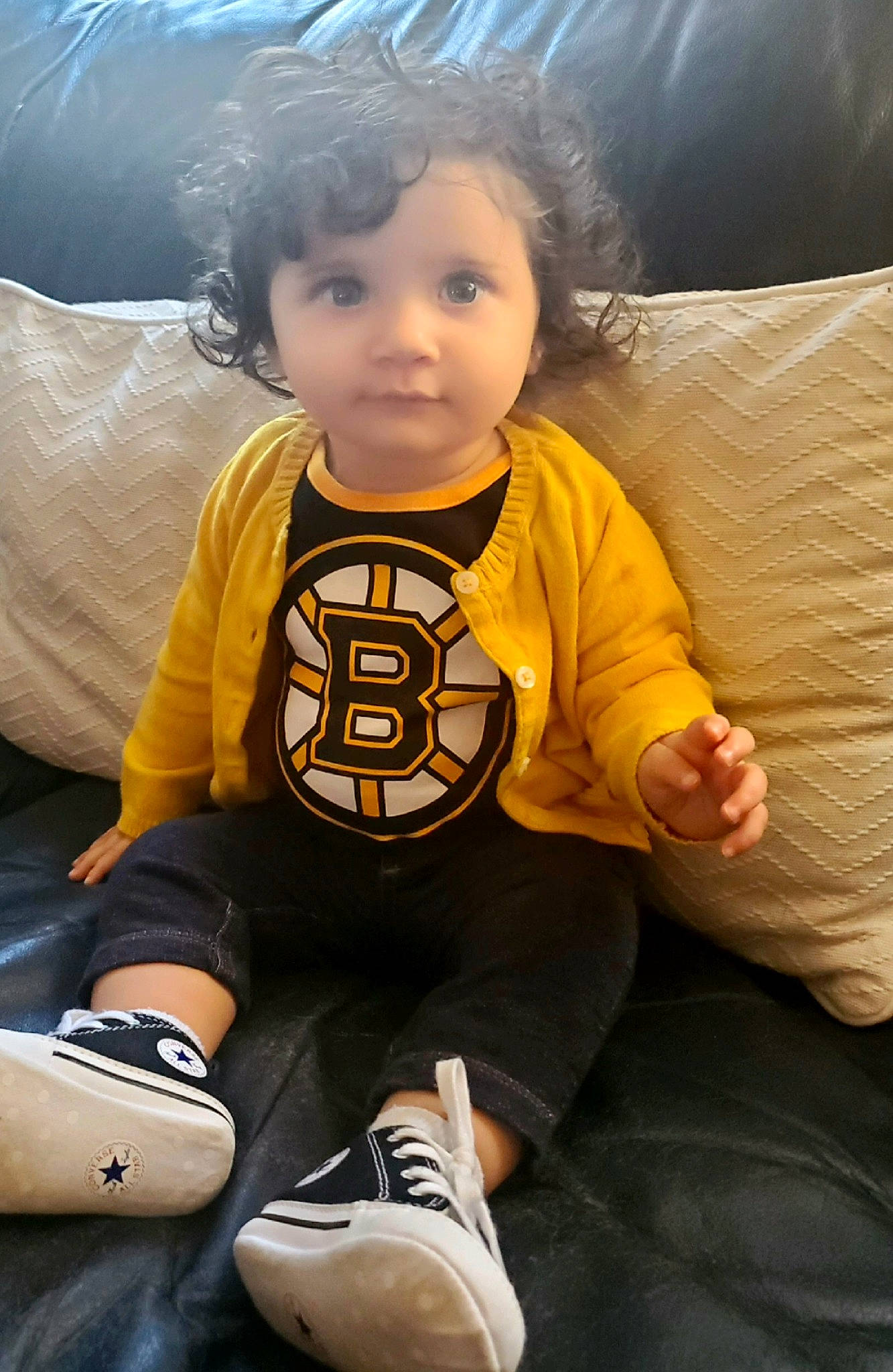 Elara is registered to the contest to win money with this photo: baby_toddler_clothing, cheek, child, cool, eye, finger, flash_photography, fun, hairstyle, happy, human_leg, knee, leg, nose, person, sitting, skin, sleeve, t_shirt, thigh