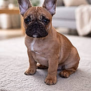 Alba a rejoint le concours — aidez-le/la à gagner de superbes lots ! adorable, animal, brown, canine, carpet, companion, cute, dog, domestic_animal, ears, face, french_bulldog, fur, indoor, living_room, pet, puppy, sitting, wrinkles, young