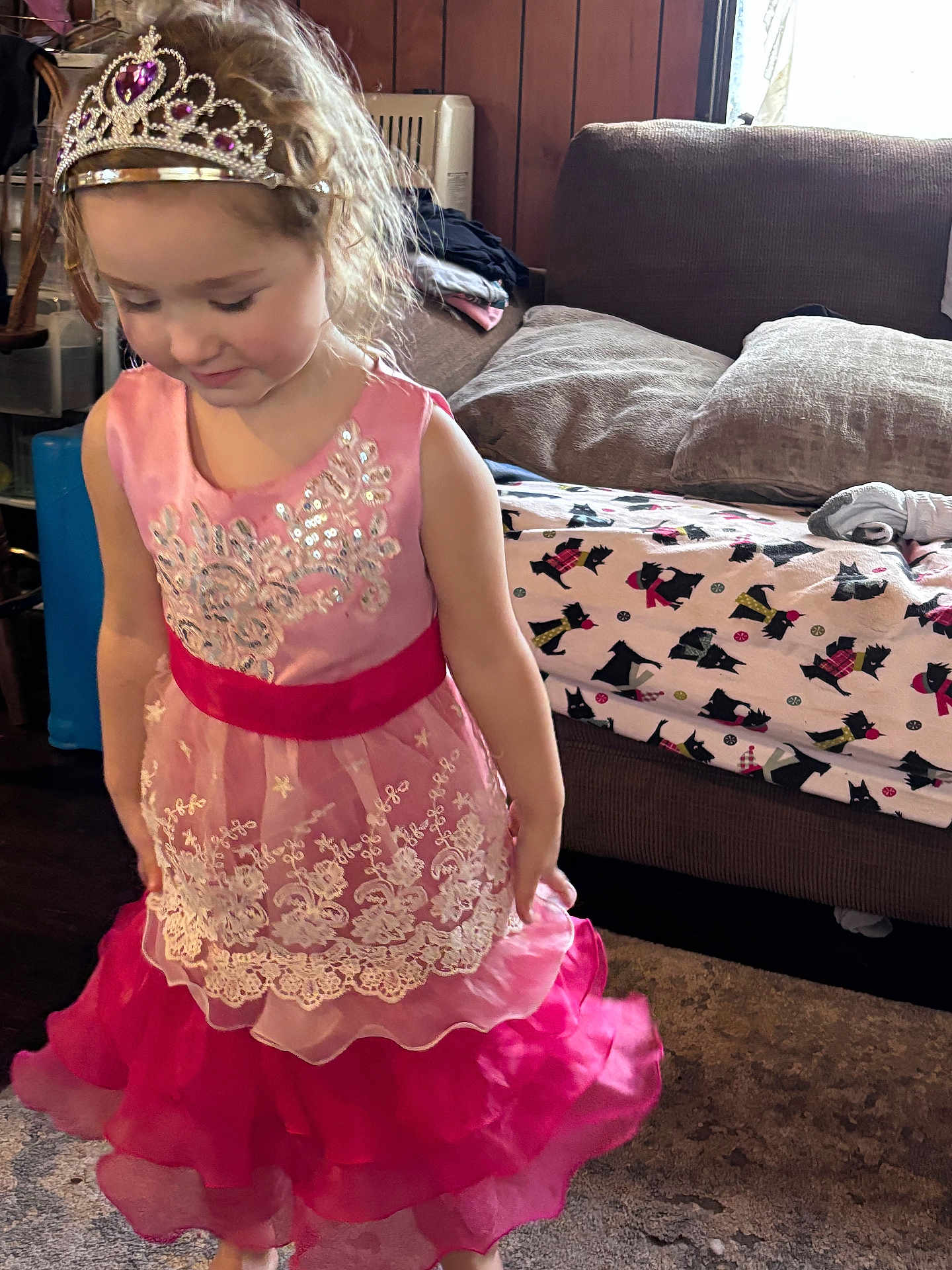 Haisley Mae joined the competition — help win amazing prizes! blanket, carpet, child, curtains, cushions, cute, dog_pattern, furniture, girl, indoor, lace, living_room, pattern, pink_dress, portrait, princess, shy, smiling, sofa, tiara