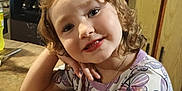 Haisley Mae is registered to the contest to win money with this photo: butterfly_shirt, cabinet, casual_clothing, child, curly_hair, cute, drawing, drink_bottle, fridge, happy, indoor, jewelry, kitchen, microwave, person, portrait, smiling, table, wooden_table, young