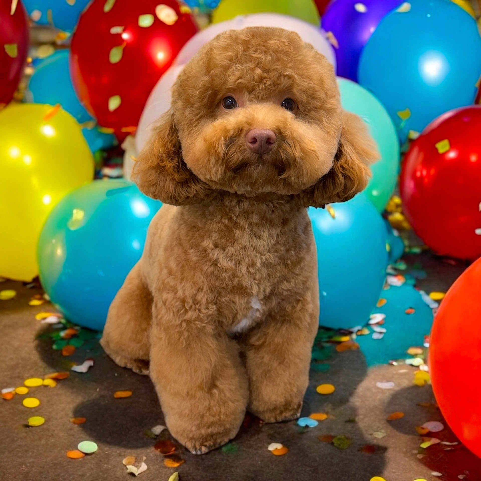 Guissepi is registered to the contest to win money with this photo: dog, poodle, brown, fluffy, balloons, confetti, party, celebration, cute, pet, animal, indoor, colorful, festive, portrait, sitting, adorable, fur, nose, eyes