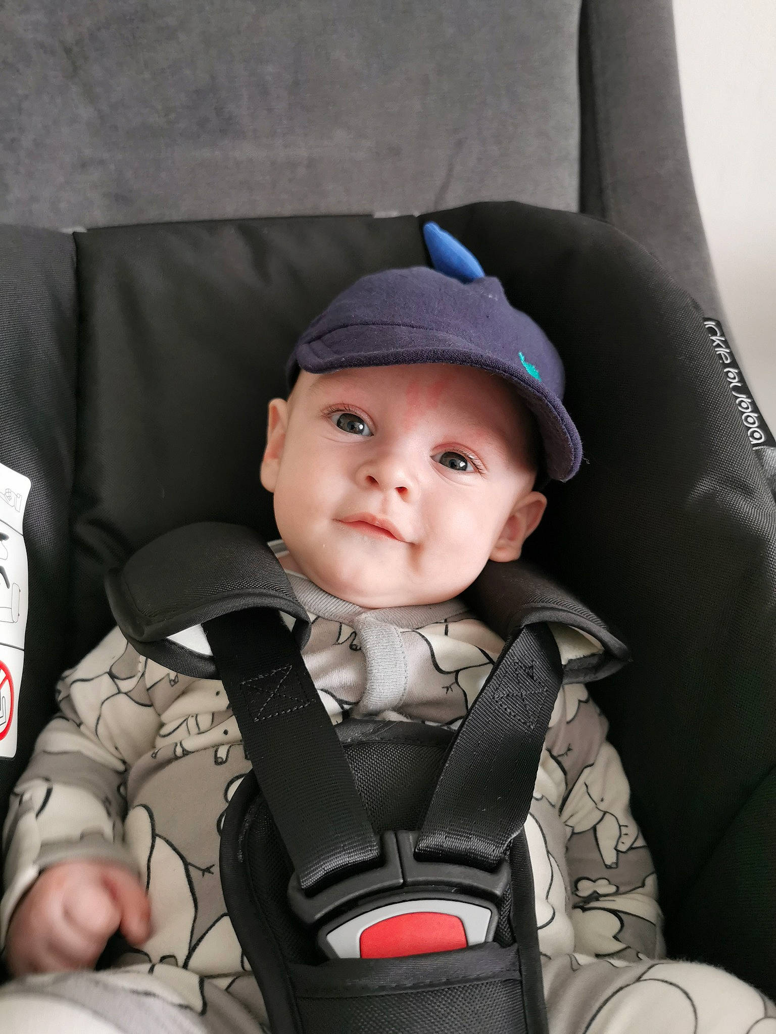 Vinnie is registered to the contest to win money with this photo: auto_part, baby, baby_carriage, baby_in_car_seat, baby_products, baby_safety, baby_toddler_clothing, car_seat, car_seat_cover, cheek, child, comfort, fashion_accessory, head_restraint, headwear, person, personal_protective_equipment, product, seat_belt, sitting