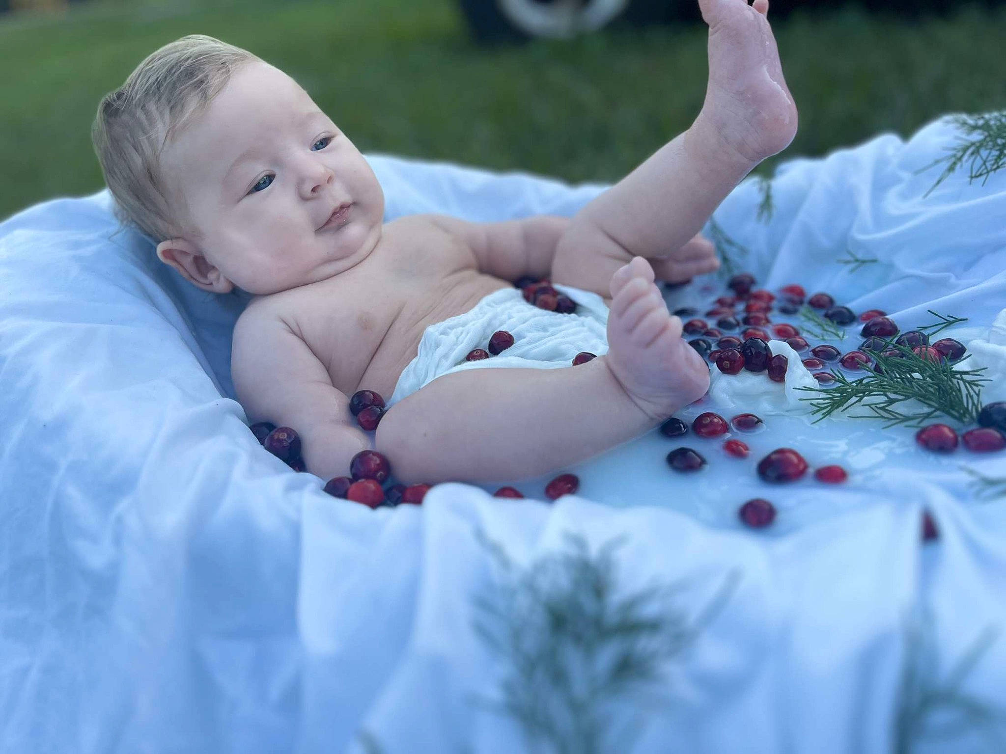 Reighn is registered to the contest to win money with this photo: baby, baby_toddler_clothing, barefoot, child, event, flash_photography, foot, fun, games, grass, happy, leisure, pattern, people_in_nature, person, petal, plant, play, recreation, sitting