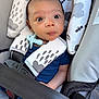 baby, car_seat, child, infant, pacifier, blue_clothing, seat_belt, face, eyes, expression, safety, cushion, pattern, comfort, indoor, closeup, person, young_child, portrait, cute