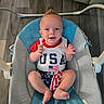 Karson is registered to the contest to win money with this photo: baby, infant, child, smiling, sitting, baby_rocker, clothing, usa, american_flag, happy, indoors, floor, cushion, footwear_free, playful_hairstyle, person, portrait, cute, bright_eyes, comfortable