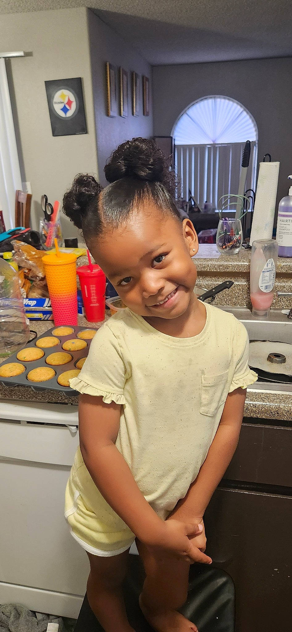 Trinity Rose is registered to the contest to win money with this photo: baking, child, chin, cooking, countertop, dessert, eyelash, fashion_design, food, fun, happy, joy, kitchen, person, plate, room, skin, smile, sweetness, t_shirt