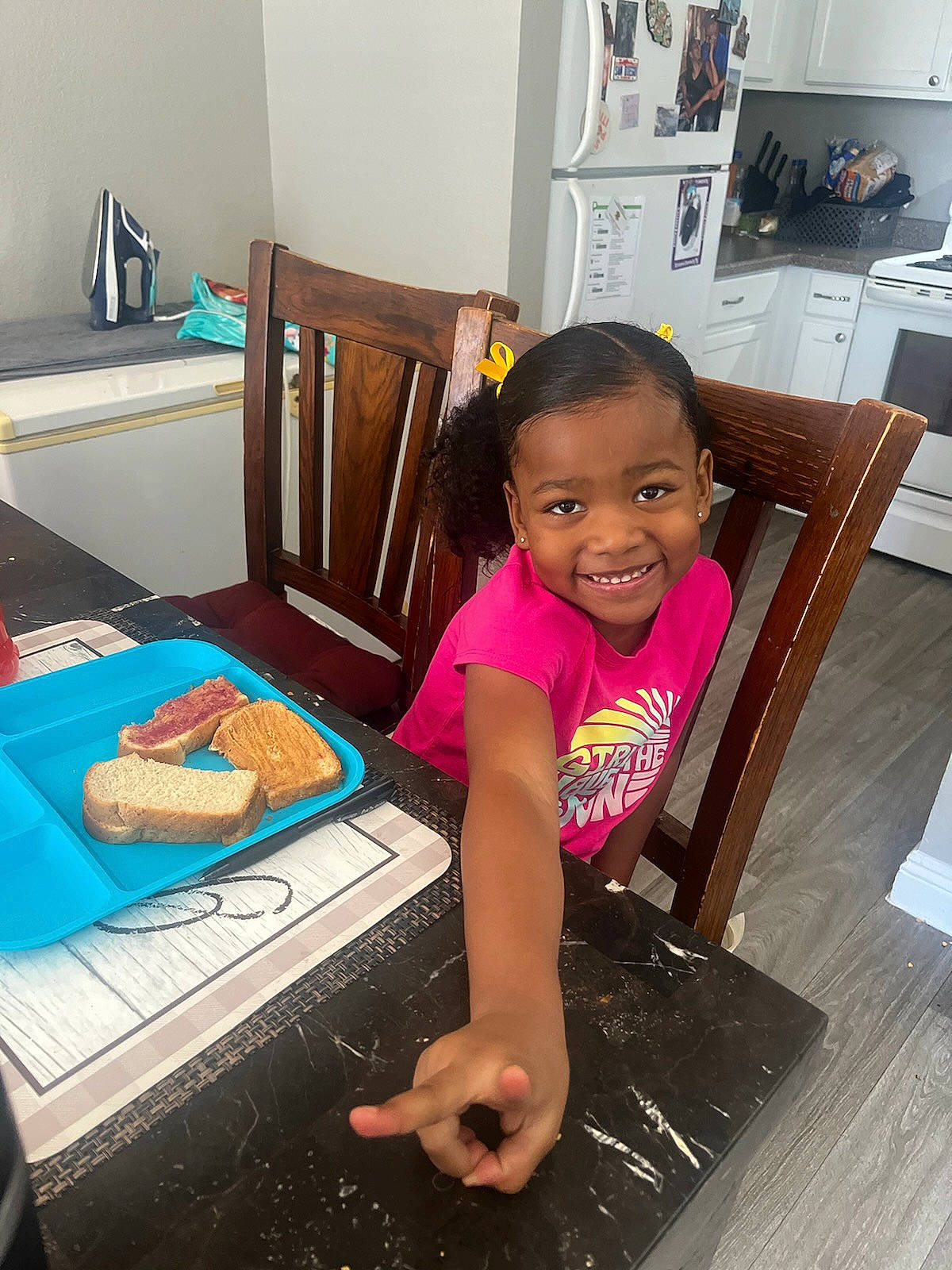 Trinity Rose joined the competition — help win amazing prizes! baby_toddler_clothing, chair, child, flooring, fun, hardwood, house, joy, magenta, person, play, room, shorts, sitting, smile, t_shirt, table, toddler, vacation, visual_arts