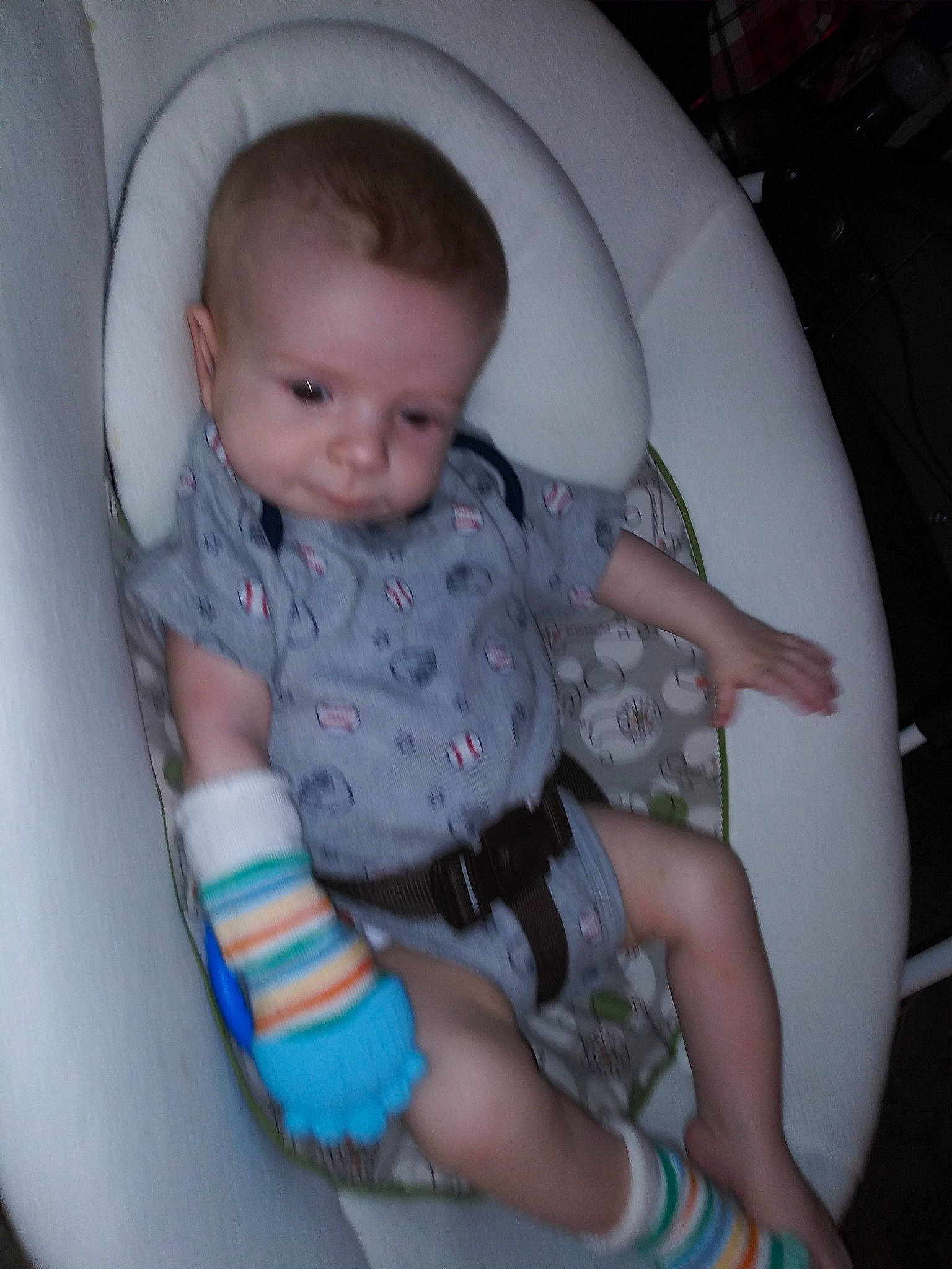 Lucas is registered to the contest to win money with this photo: arm, baby_products, car_seat, cheek, child, day, eye, finger, fun, head, infant, iris, mouth, person, product, sitting, skin, smile, toddler