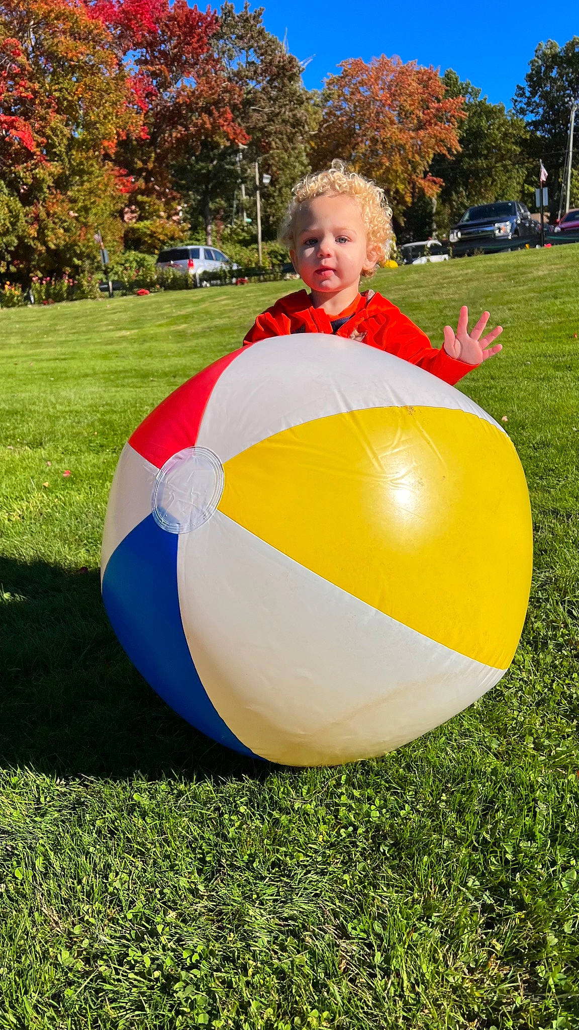 Maverick is registered to the contest to win money with this photo: art, ball, fun, garden, grass, happy, lawn, leisure, people_in_nature, person, plant, recreation, sky, smile, soccer_ball, sphere, sports_equipment, symmetry, toddler, tree