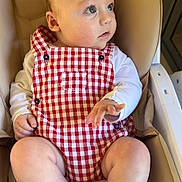 Raphaël a rejoint le concours — aidez-le/la à gagner de superbes lots ! baby, child, infant, cute, blue_eyes, red_checkered_romper, white_shirt, sitting, high_chair, indoor, skin, foot, hand, face, curious, portrait, person, furniture, comfort, young