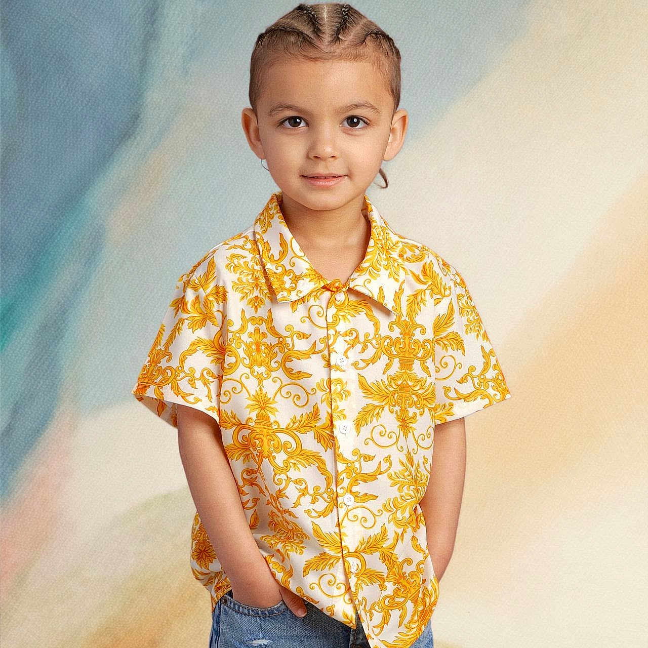 Nilo is registered to the contest to win money with this photo: background, boy, casual, child, confident, cornrows, cute, fashion, hands_in_pockets, happy, jeans, pastel, patterned_clothing, person, portrait, shirt, smiling, standing, studio, young