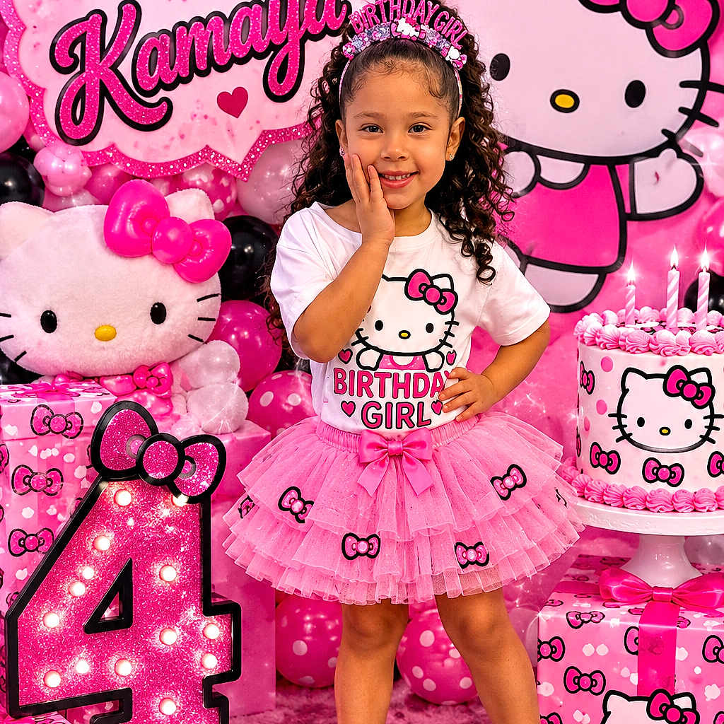 Kamaya is registered to the contest to win money with this photo: balloons, birthday, birthday_cake, celebration, child, decorations, dress, girl, happy, hello_kitty, indoor, number_four, party, pink, portrait, presents, smiling, sneakers, tiara, tutu