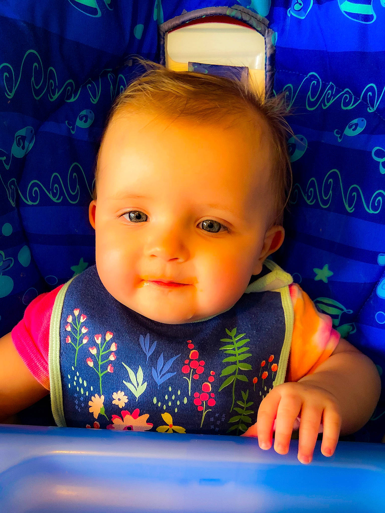 Maeve is registered to the contest to win money with this photo: azure, baby, baby_toddler_clothing, blue, cheek, chin, cool, eye, eyebrow, eyelash, face, fun, hairstyle, happy, iris, nose, person, product, skin, sleeve