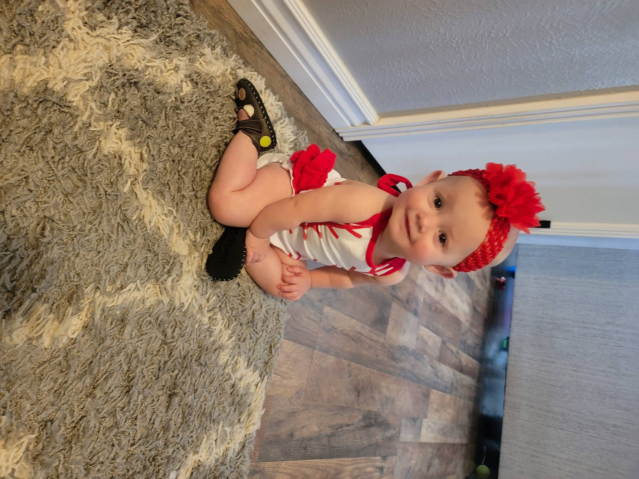 Emma joined the competition — help win amazing prizes! abdomen, baby, baby_toddler_clothing, concrete, foot, fun, happy, hat, human_leg, joy, knee, landscape, leg, leisure, person, sandal, sitting, skin, thigh, toddler