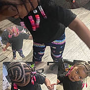 Ka Miyah-Kynd joined the competition — help win amazing prizes! barefoot, black_tshirt, braided_hair, casual, child, collage, colorful_beads, curious_expression, cute, fashion, fun, indoor, multiple_views, outdoor, patterned_pants, person, playful, small_person, toddler, wood_floor