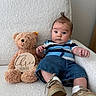 Coast joined the competition — help win amazing prizes! baby, teddy_bear, plush_toy, wooden_plaque, striped_shirt, denim_shorts, baby_shoes, mohawk_hairstyle, white_chair, textured_fabric, indoor, portrait, cute, child, infant, sitting, curious_expression, blue_eyes, soft_lighting, cozy
