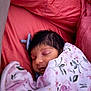 baby, bed, blanket, child, comfort, coral_color, cute, face, floral_pattern, hair, indoors, infant, newborn, pacifier, peaceful, portrait, resting, sleeping, soft_texture, wrapped