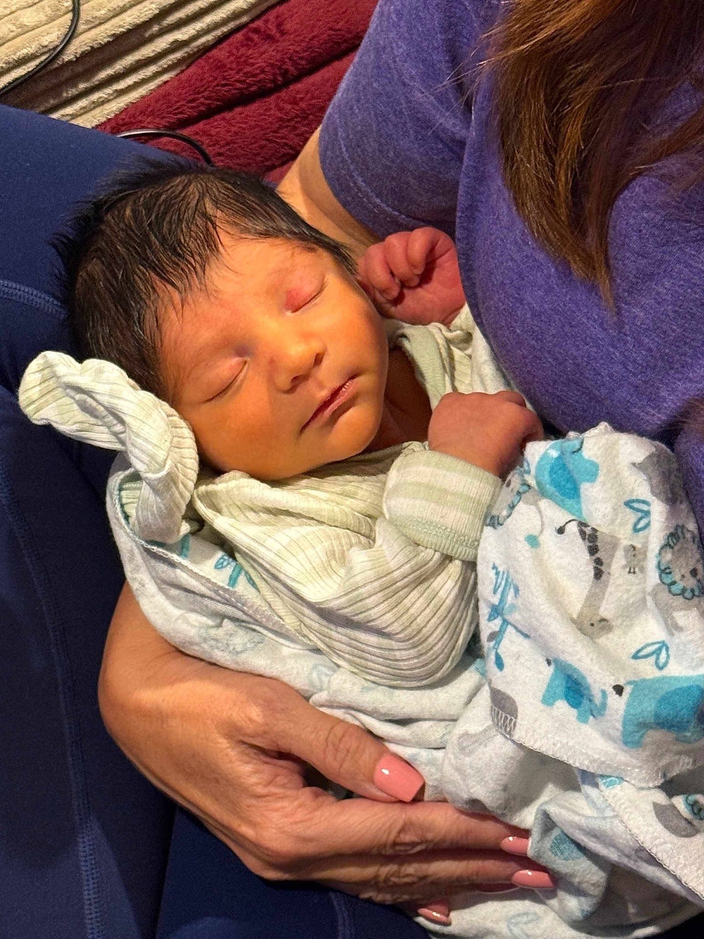 Ravi is registered to the contest to win money with this photo: newborn, baby, sleeping, blanket, animal_print, swaddled, hands, adult, closeup, infant, soft_lighting, cozy, resting, peaceful, person, skin, nail_polish, purple_shirt, fabric, comfort