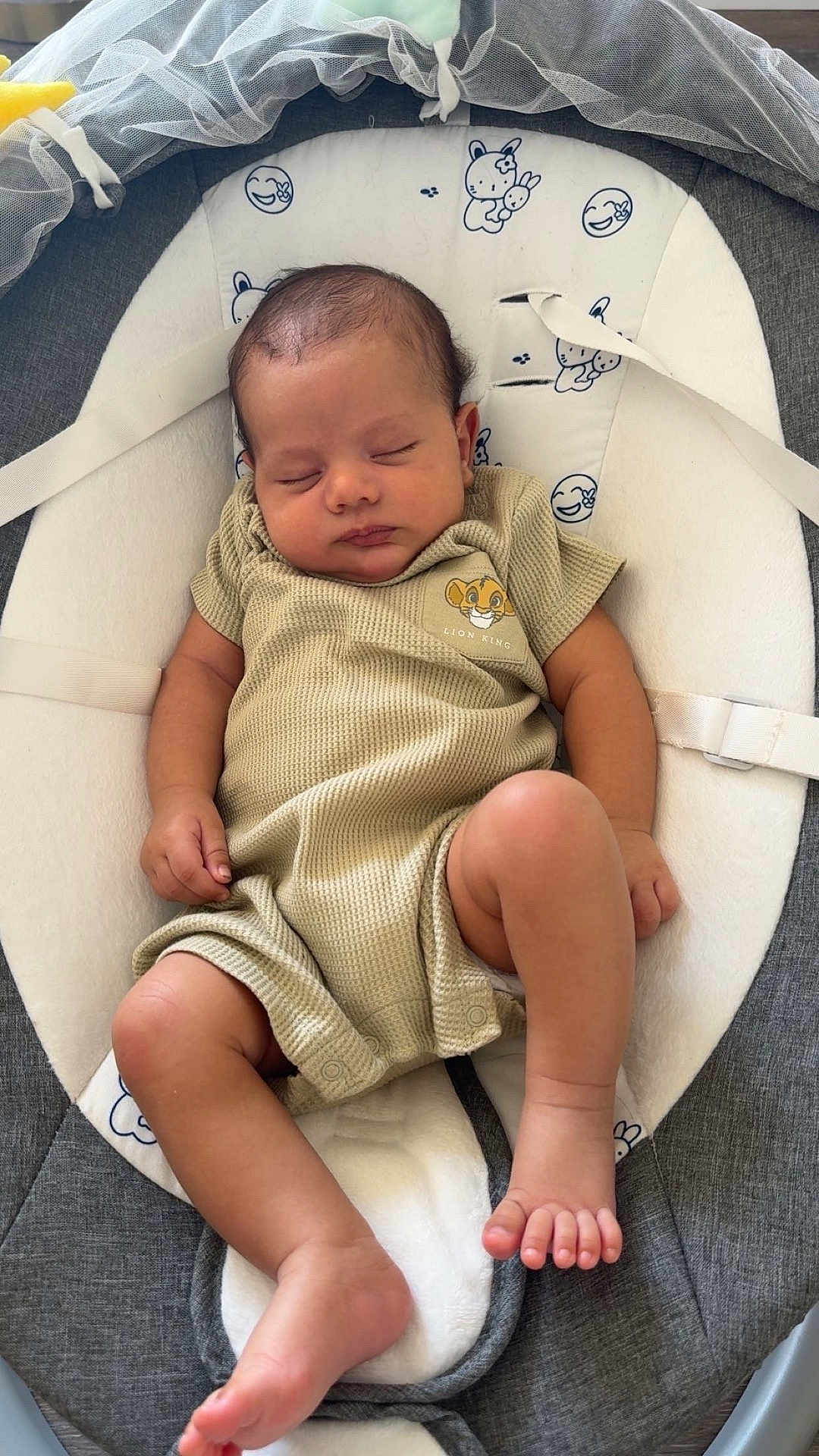 Reyan participe au concours pour gagner de l'argent avec cette photo : baby, sleeping, infant, onesie, lion_king, baby_seat, cushion, cartoon_print, soft_fabric, peaceful, child, cute, indoor, relaxing, newborn, small, feet, hands, face, head